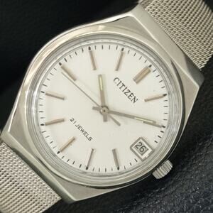 Vintage 1988 Citizen Manual Mens Silver Watch W/daydate & White accents